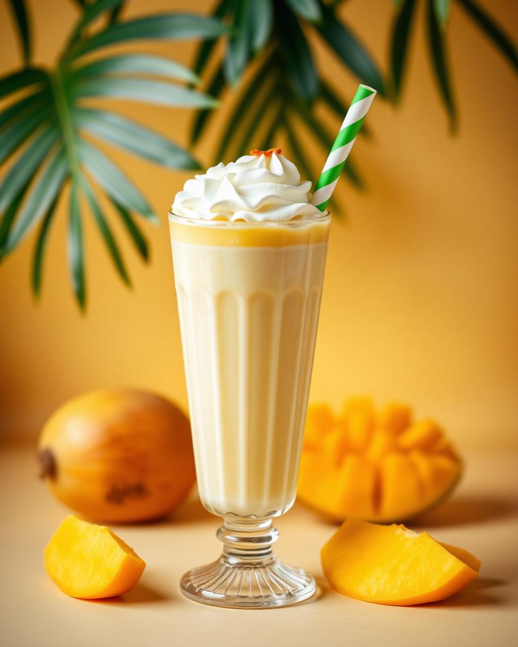 Mango milkshake with whipped cream and palm leaves